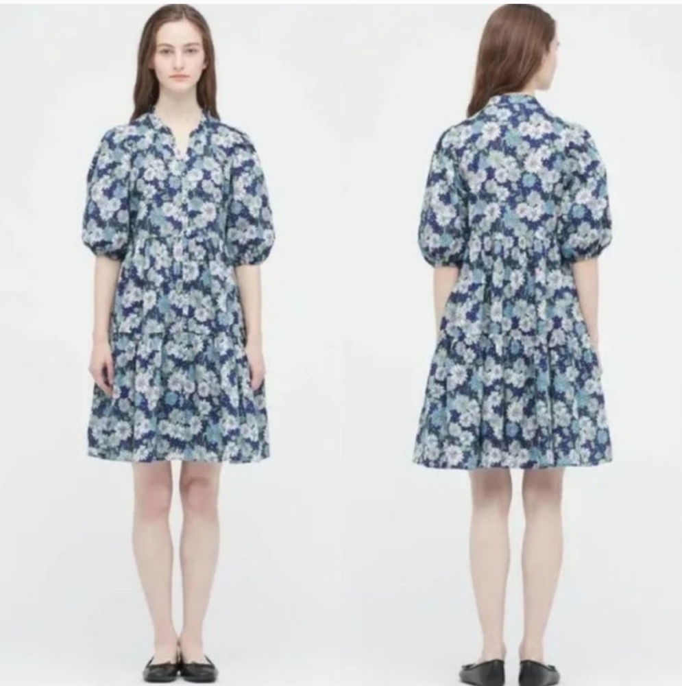 Uniqlo & Paul Joe Dress XL Blue Floral Tiered Buttons A-Line Pocket Puff Sleeve